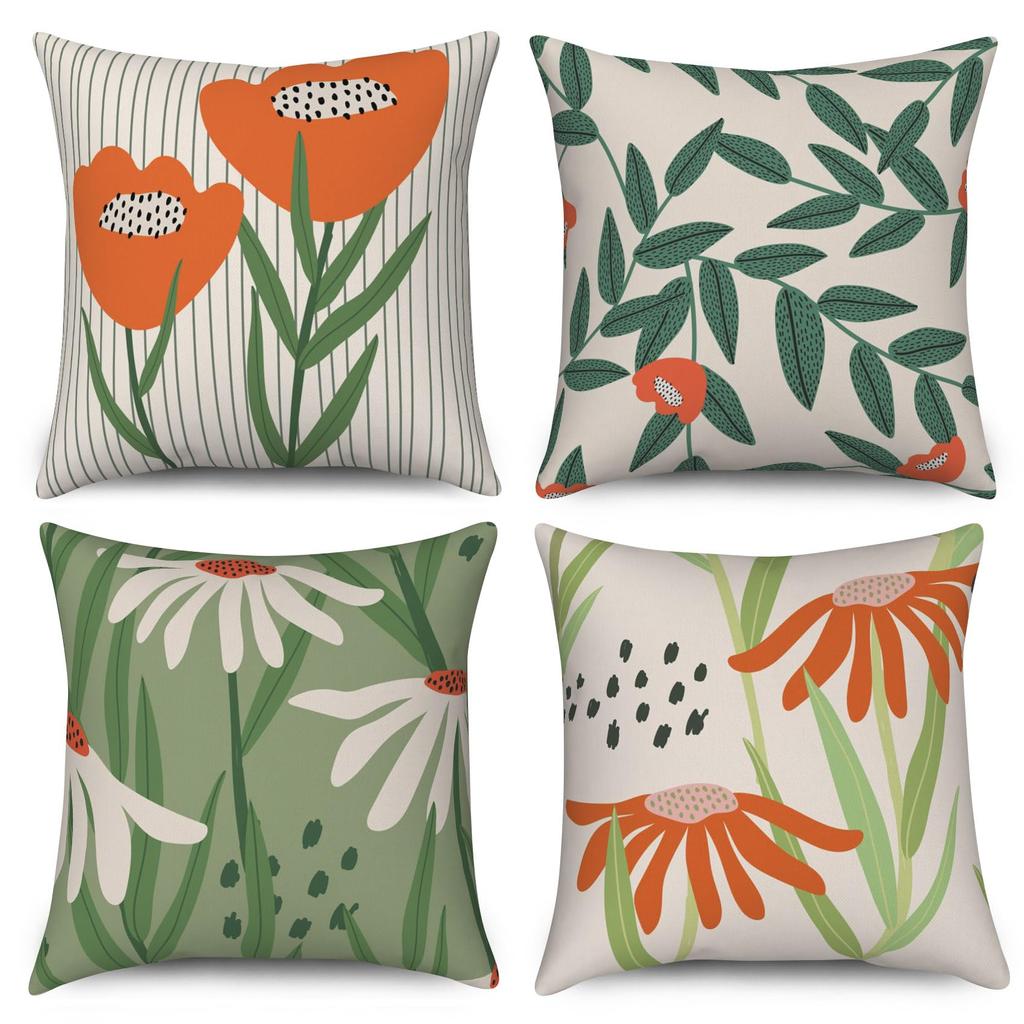 4Pcs Home Decor Cushion Covers, Black Cat & Floral Scenery Pillow Cases For Living Room Sofa Bedroom Car Decoration