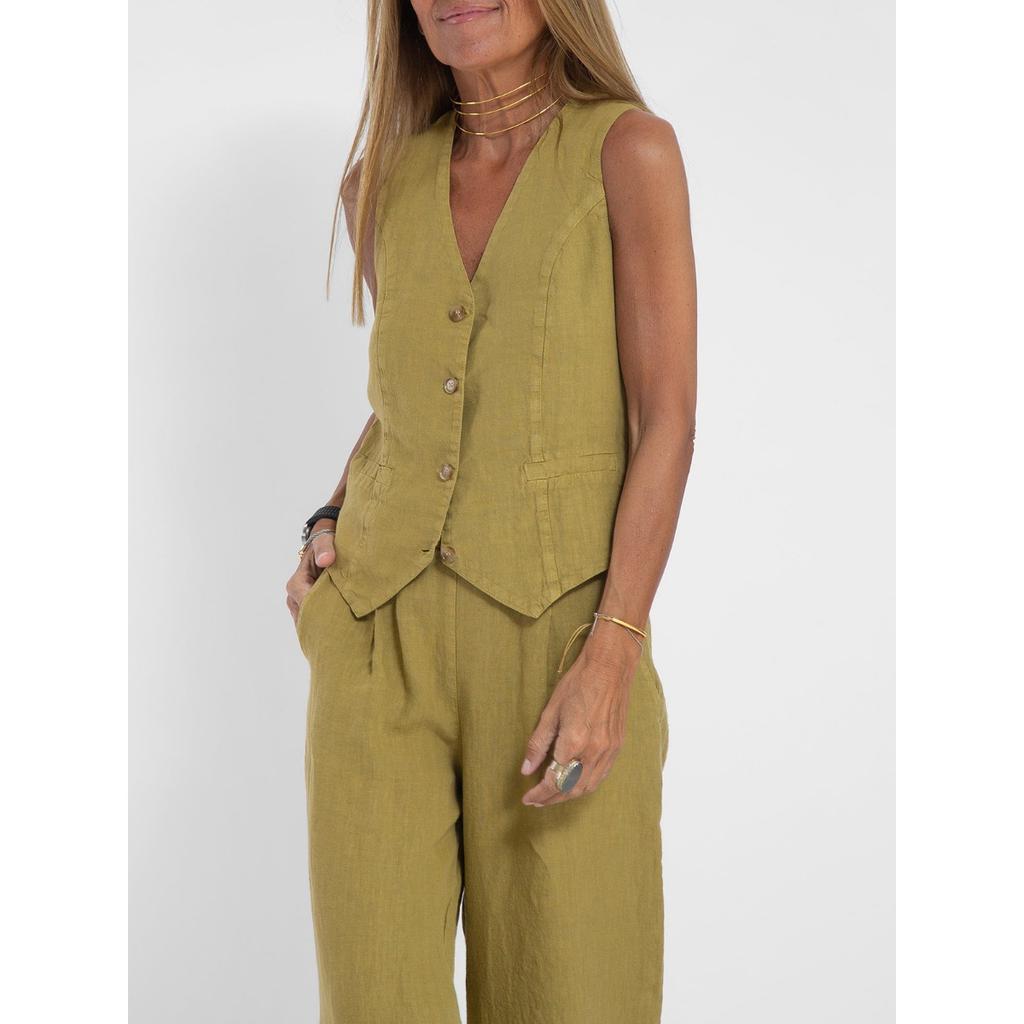 Fashion Vest, Pants, Patchwork, Cotton and Linen Casual Suit for Women