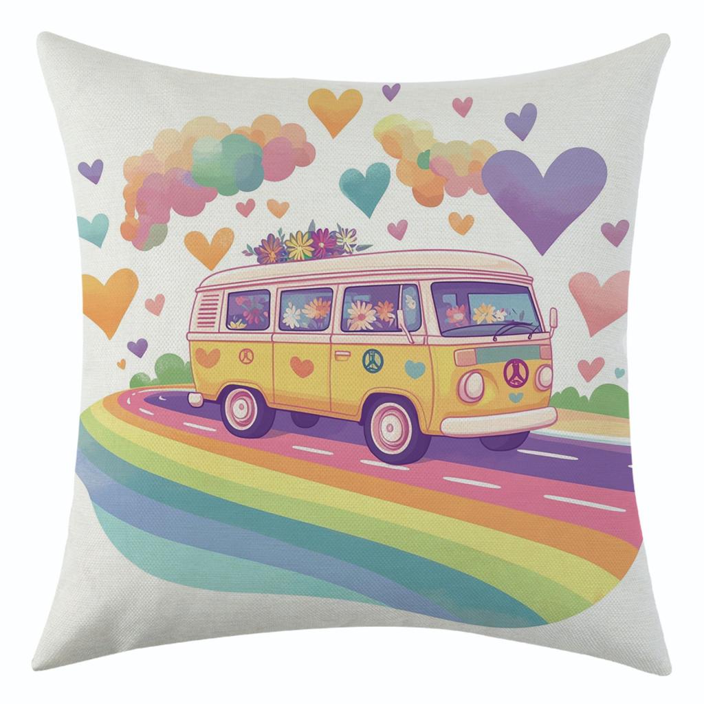 New Rainbow Flower School Bus Linen Pillowcase for Festival Decoration Car Cushion Cover