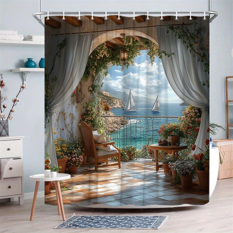 Sea View Shower Curtain Waterproof Fabric Bathroom Curta Mediterranean Balcony Ocean Sailboat Bath Screen Divider With Hooks