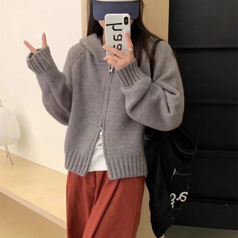 

Многоцветный вязаный кардиган с капюшоном на двойной молнии, женский короткий свитер-худи для осени и зимы One Size серый