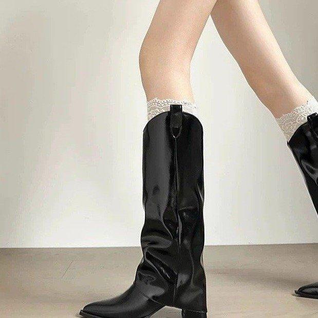 Leder Chunky Frauen Hohe Stiefel Spitzschuh Fad High Heels Schuhe 2025 Trend Winter Neue Kniehohe Pumps Motorrad Botas