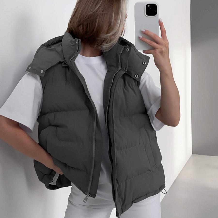 Vinter Dame Oversized Hætteklædt Dunjakke Vest Letvægt Lynlås Op Høj Krave Polstret Puffy Ærmeløs Jakke Frakke med Lommer Varm Ydertøj til Kvinder
