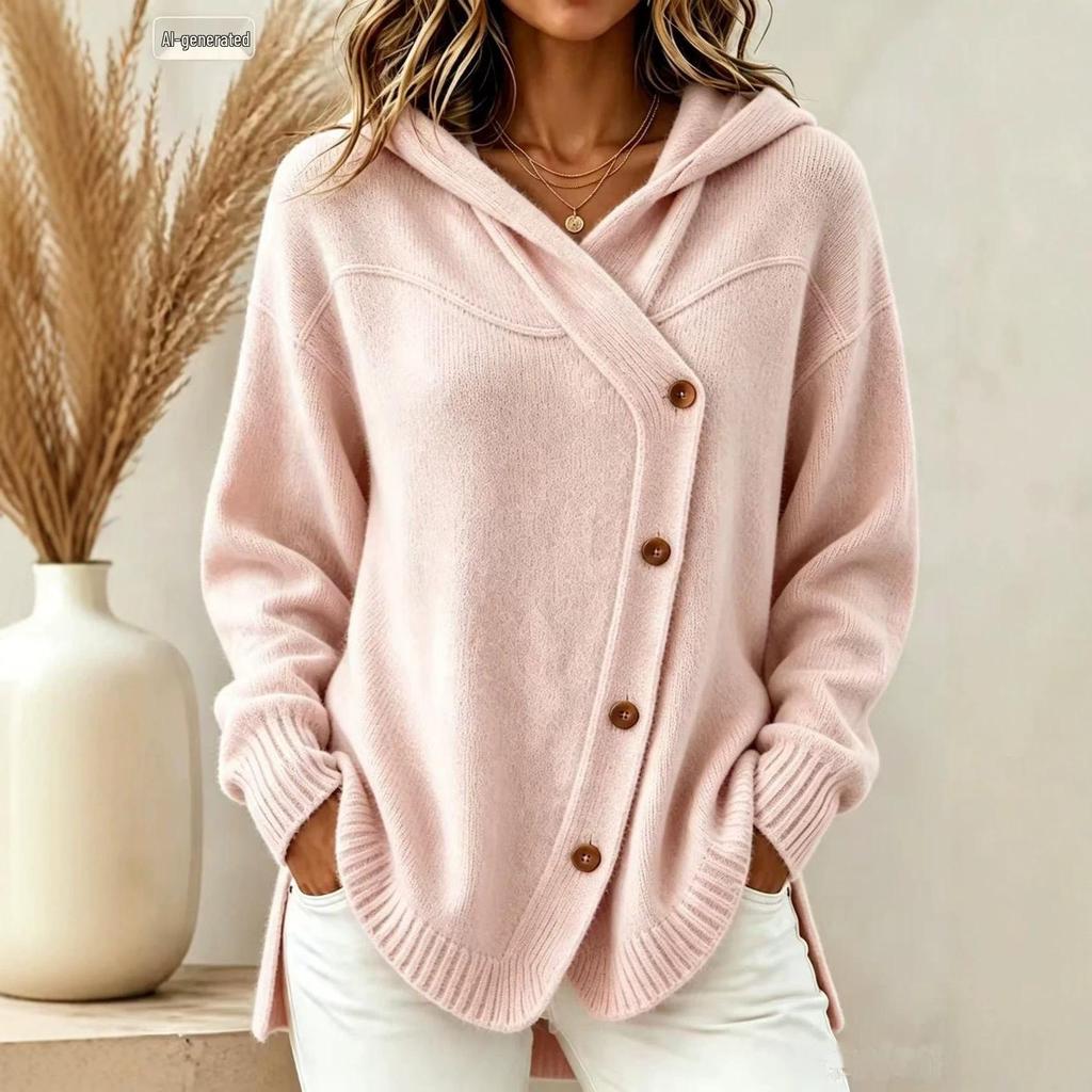 2026 Autumn/Winter Women's Loose Knit Hooded Cardigan with Buttons