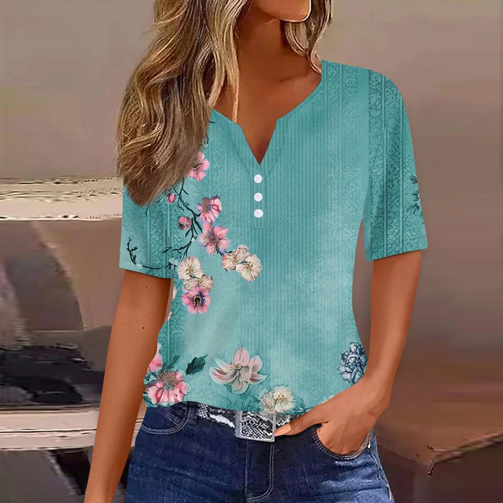 Damen T-Shirt mit Aufdruck und Knopfleiste, kurzärmelig, für den Alltag, Wochenende, modisch, Basic, V-Ausschnitt, normales Oberteil