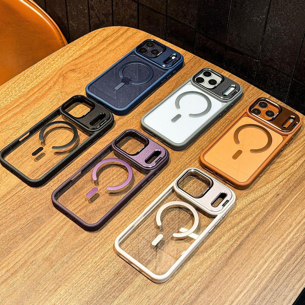 Compatible with Apple 17 Promax: Leather Texture Magnetic Case, iPhone 16 PM Lens Stand, and iPhone 15 Frosted Protective Cover.