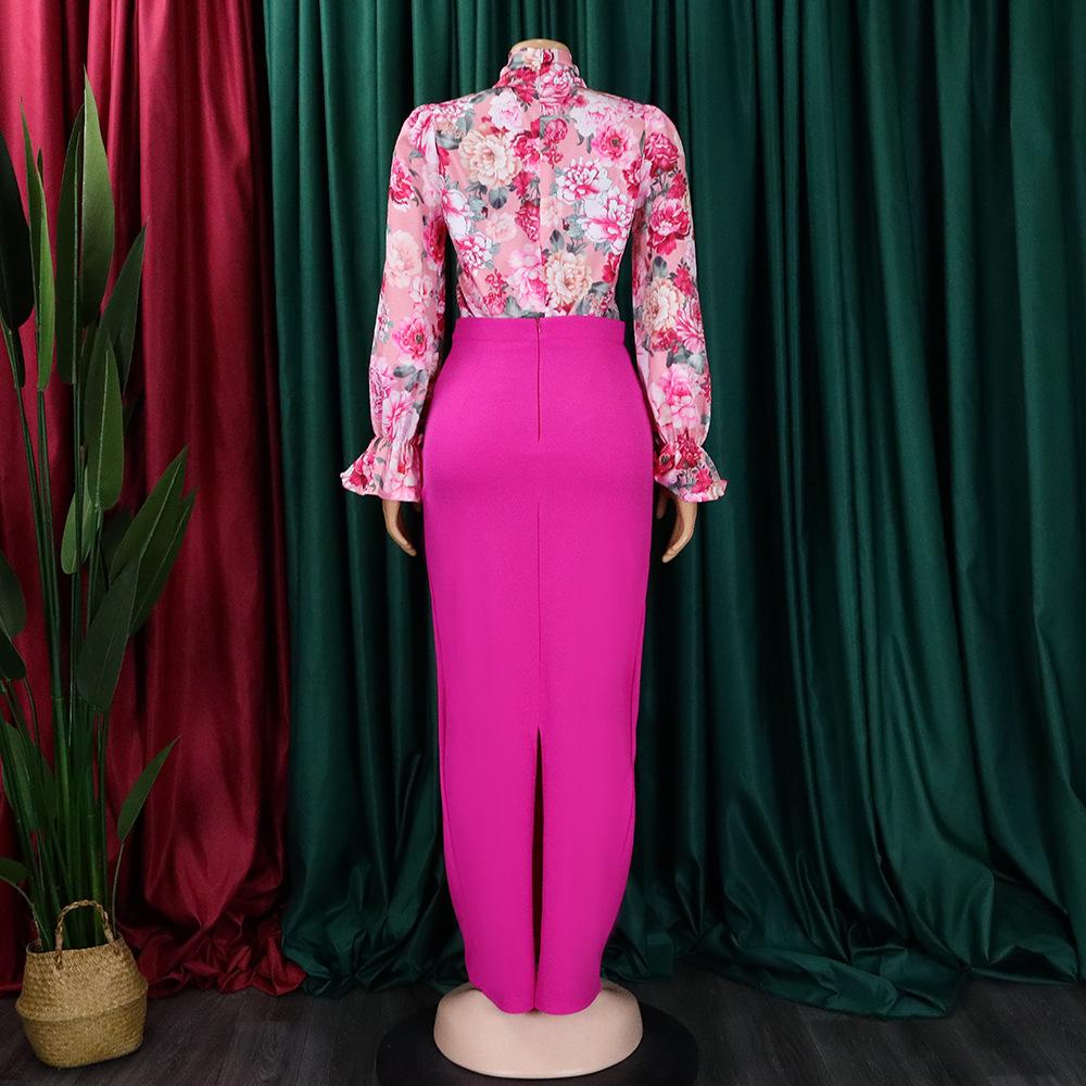 YYFS Women's Fashion Casual Flower Pattern Print Autumn Winter Long Sleeve Skirt Suits