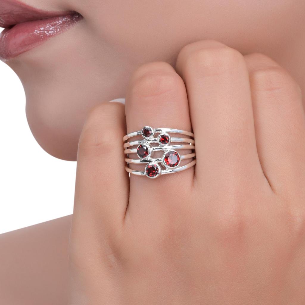 Garnet Multi-Stone Ring – 925 Sterling Silver Statement Band – Handmade January Birthstone Jewelry for Women