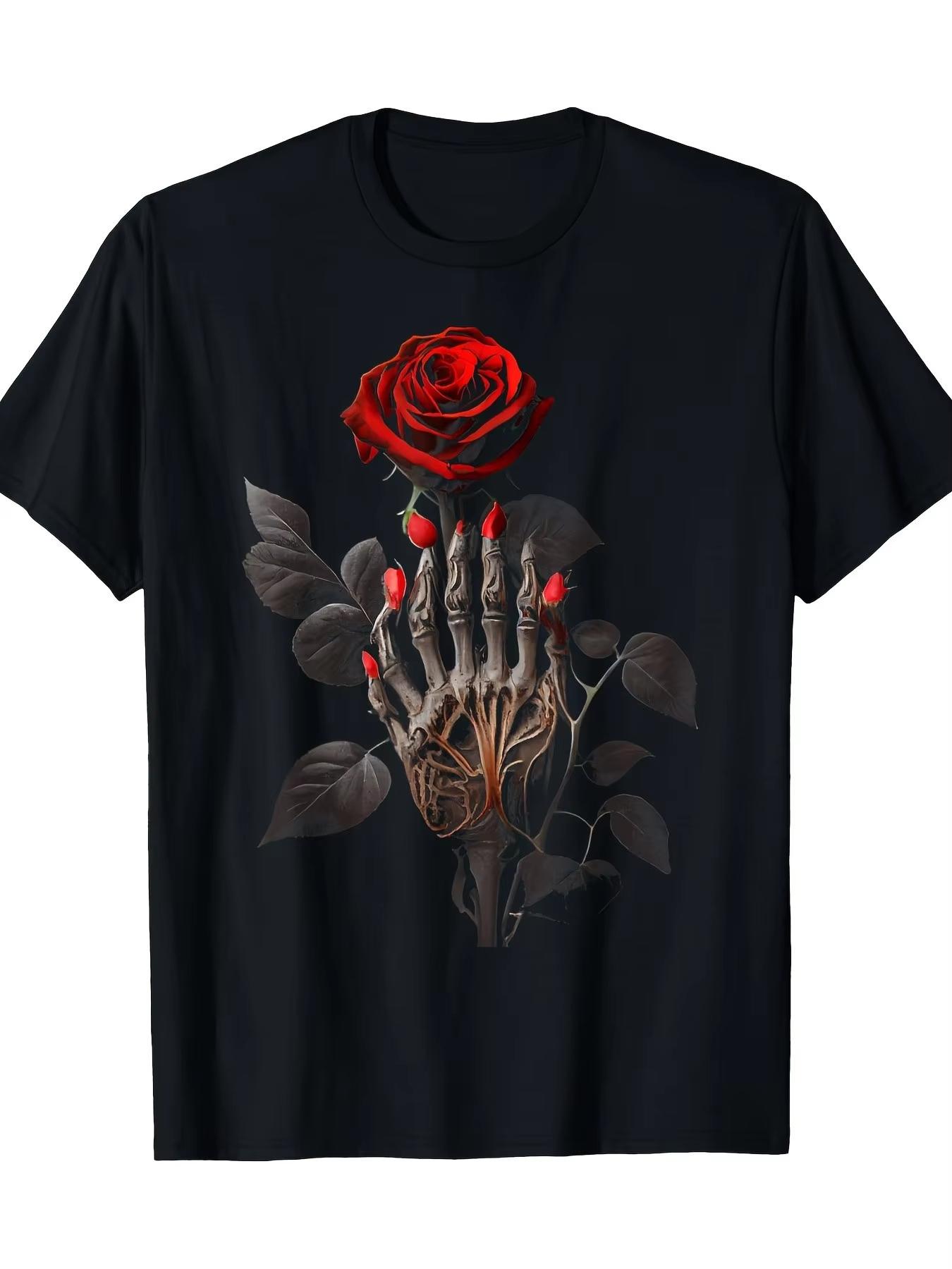 Men s Gothic Pattern T-Shirt, Black T-Shirt with Red Roses and Skull Handprints, Dark Aesthetic, Durable Material - Men s Sum... S разноцветный