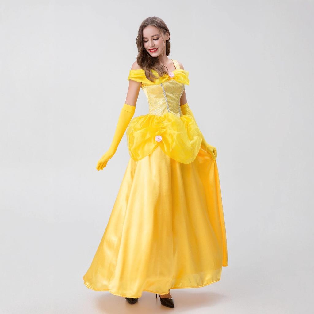 Απόκριες όμορφη γυναίκα και τέρας πριγκίπισσα Μπελ κίτρινο πριγκιπικό φόρεμα στολή για σκηνική παράσταση