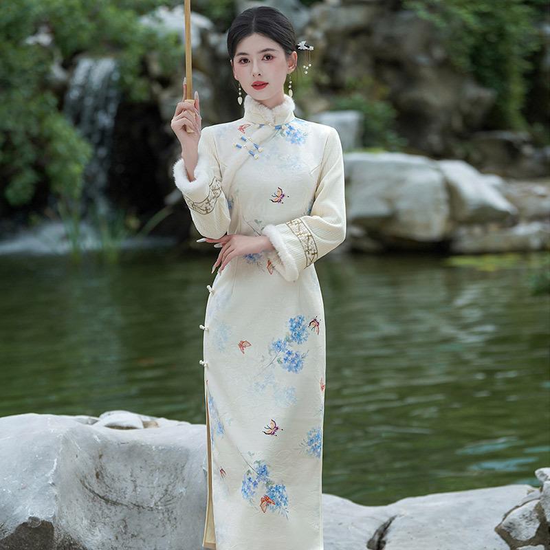 White velvet winter clothing national style new Chinese long-sleeved cheongsam winter thick improved young women's high sense