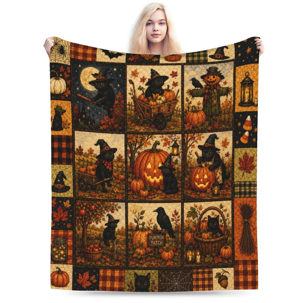Halloween Black Cats Blankets Witchy Kitty Fleece Awesome Warm Throw Blankets for Bedspread Spring/Autumn