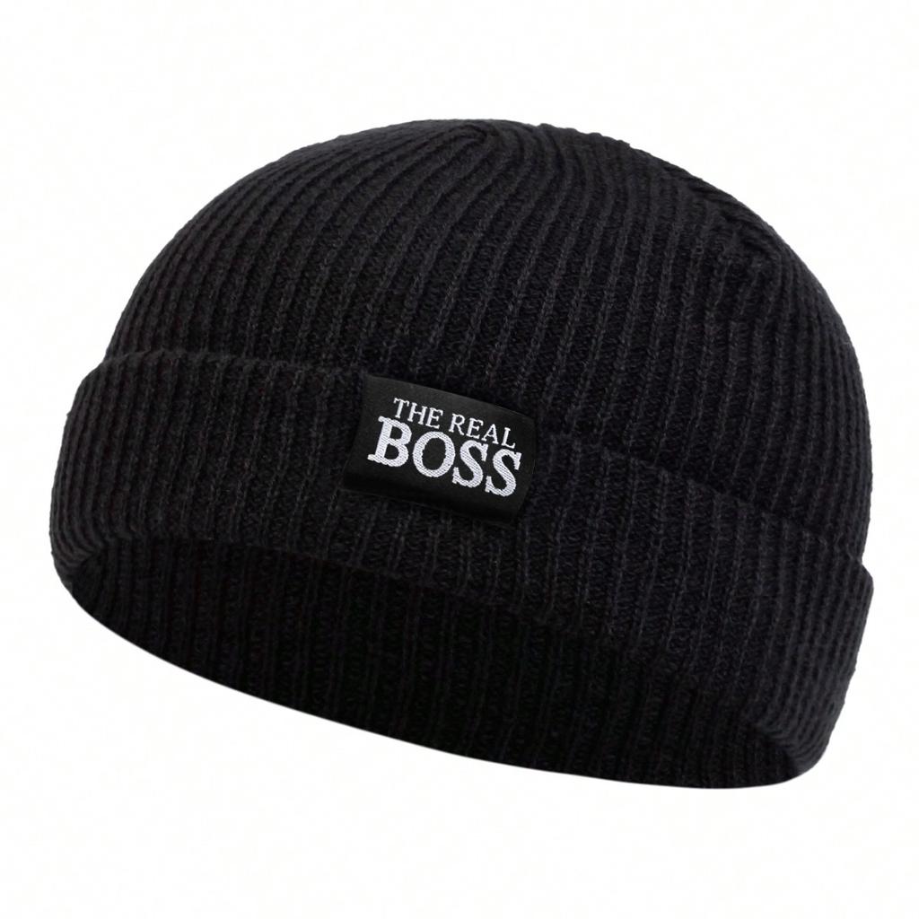 Unisex The Real Boss Label Decoration Hip Hop Melon Skin Hat Winter Cycling Warm Caps Knitted Hats Spring Autumn Outdoor Sport Travel for Women Men