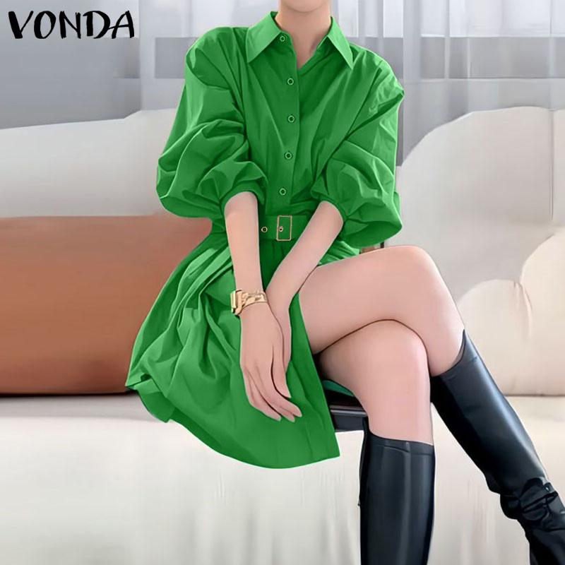 VONDA Women Casual Lapel Neck 3/4 Sleeve Slim Waist Pleated Mini Dress