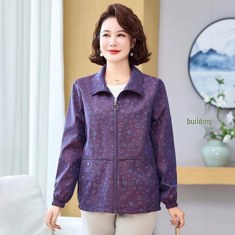 Early Spring Printed Lapel Zipper Jacket for Middle-Aged & Elderly Women - Loose, Comfortable Outerwear