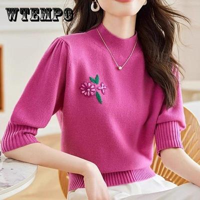 Halbhoher Strickpullover mit bestickten Ärmeln Winter Neu Basis-Pullover Kurzer Stil Oberbekleidung für Damen