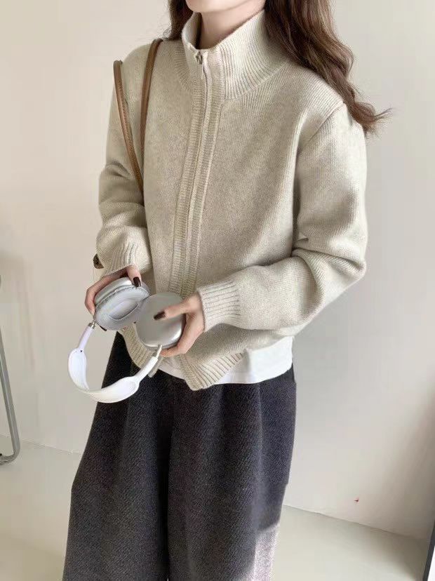 Women's Long Sleeve Sweater Stand Collar Lazy Style Knit Cardigan Zip Up Casual Outerwear