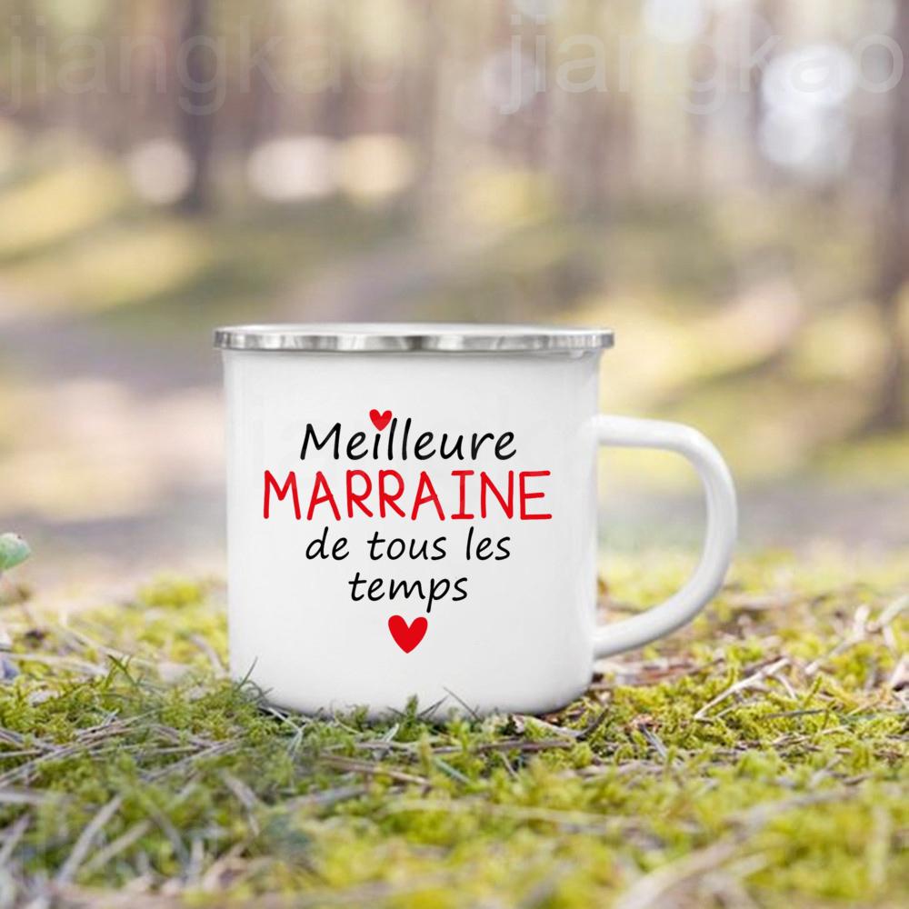Französische Taufpatin Pate Druck Emaille Kaffeetasse Getränke Milchbecher Campingtassen Bestes Geburtstags-Feiertagsgeschenk für Patentante Patenonkel
