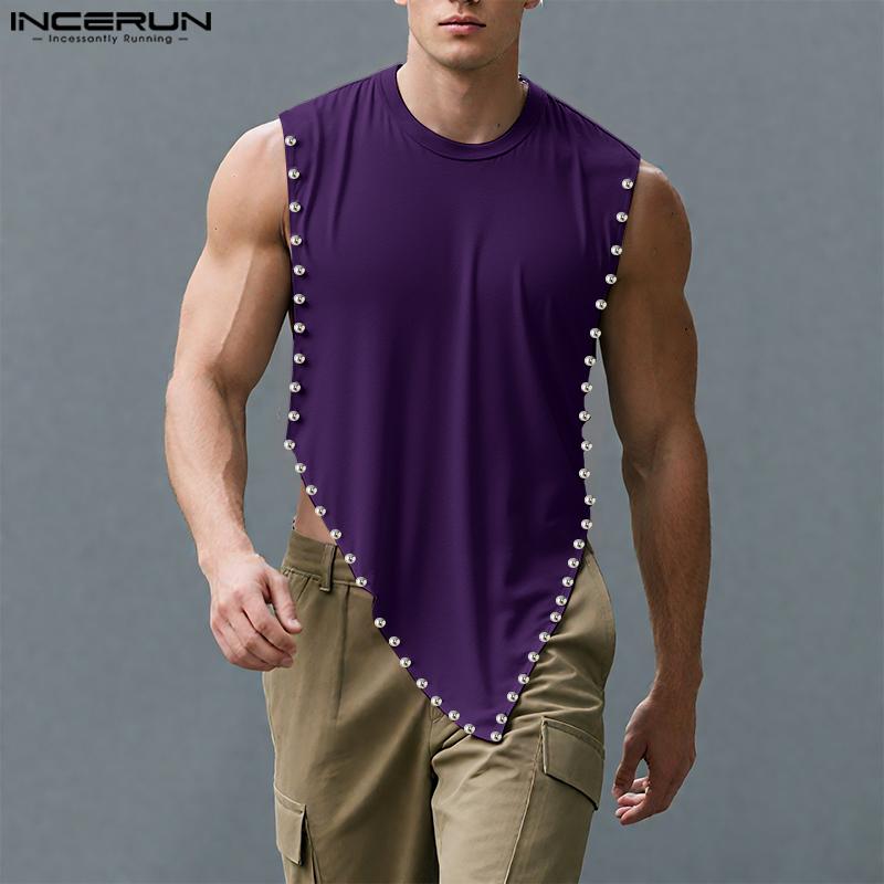 INCERUN Men O Neck Sleeveless Beading High Low Casual Loose Thin Tank Tops