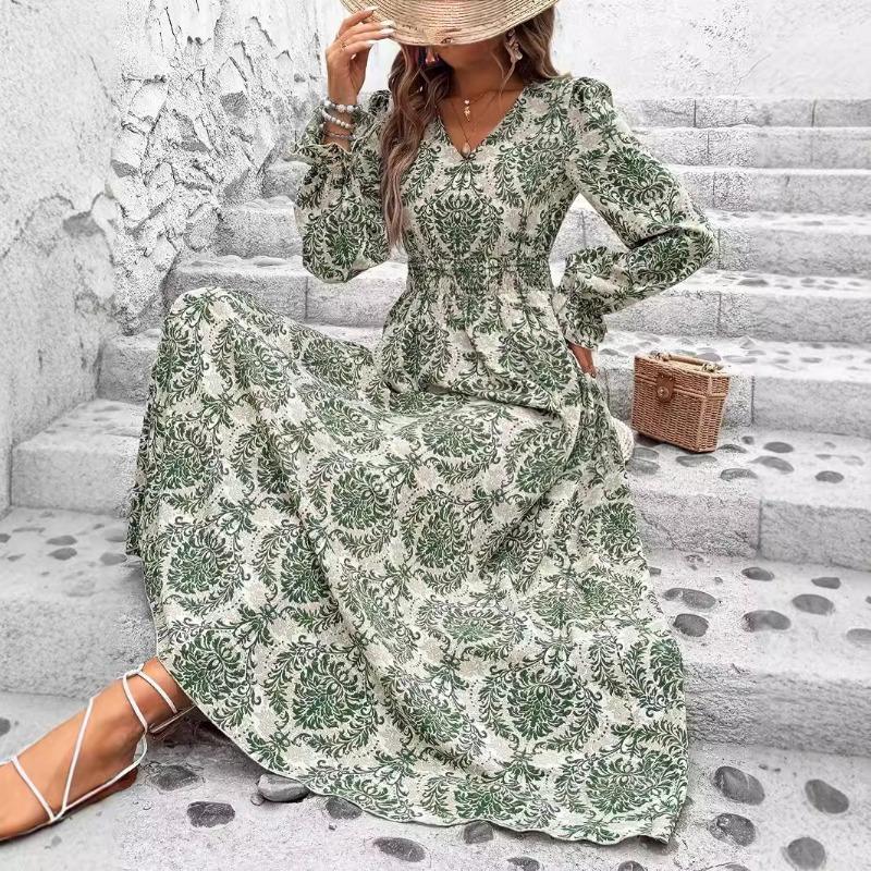 Fashion V-neck Long Sleeve Printed Loose Women Dress Spring Autumn Elegant A-line Party Long Versatile Dress Slim Fit Holiday Women's Clothing