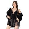 Golden Velvet Lace Mesh Women's Pajama Set - Autumn/Winter Nightgown & Bathrobe with Chest Pads