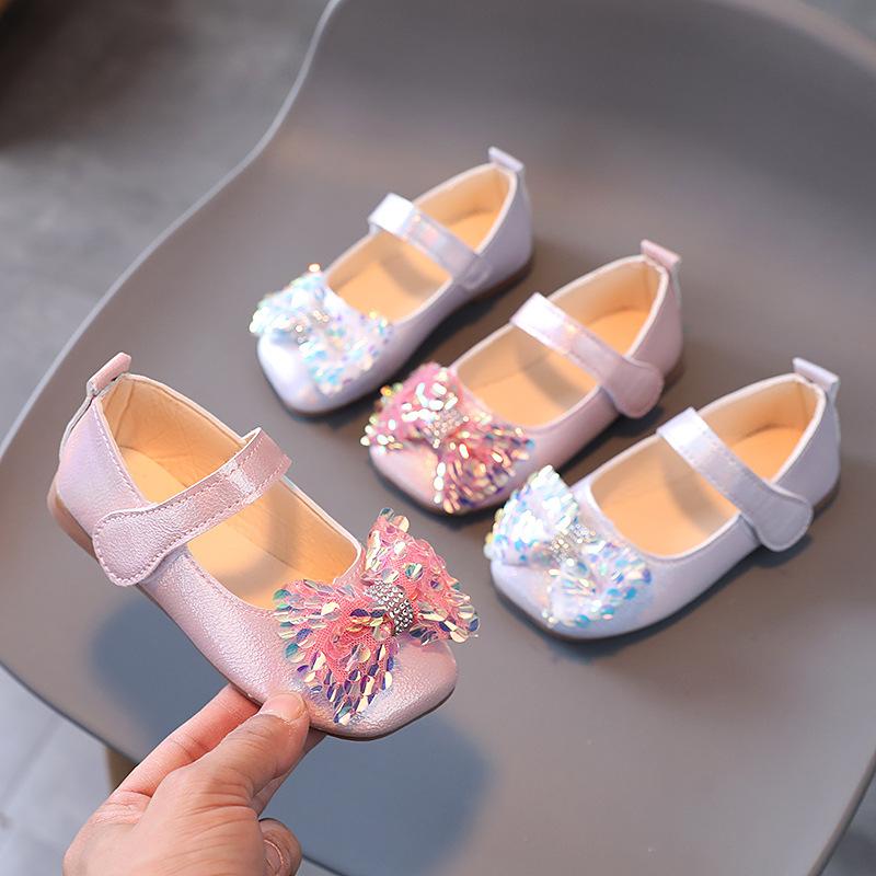 Baby Leather Flats Sequins Bowtie Princess Girls Lightweight Dress Shoes Square Party Wedding Dance School Mocassins Infantis