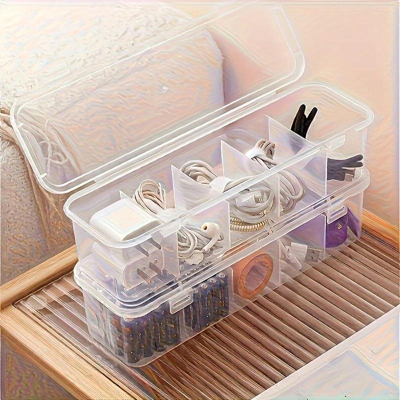 Transparent Cable Organizer with Lid, Dust-Proof Storage Case, Card Organizer, and Clutter-Clearing Battery Holder for Office