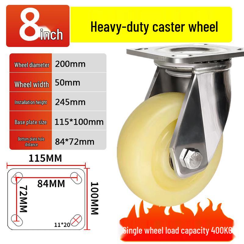 Heavy-Duty Rust-Proof 304 Stainless Steel Casters: 4, 5, 6, 8-inch Swivel Nylon Wheels, Super Wear-Resistant Trolley.