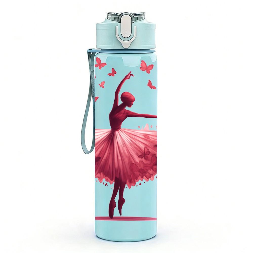 1PC Ballerina Dancer Heart Flower Print 750ml Color Plastic Sports Water Bottle Leakproof Flip Straw Lid Suitable for Sports Office Home Use