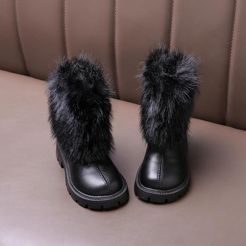 

2025 Autumn/Winter Fashionable Girls Leather Mid-Calf Boots with Fur Trim and Soft Sole Size 28: Inner length 17.7cm