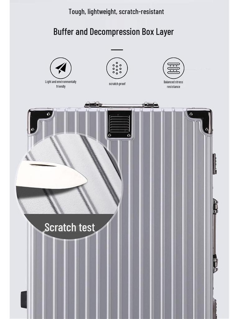 Large Capacity Aluminum Frame Travel Suitcase with Combination Lock, Trolley Wheels, and Durable Design for Men and Women.