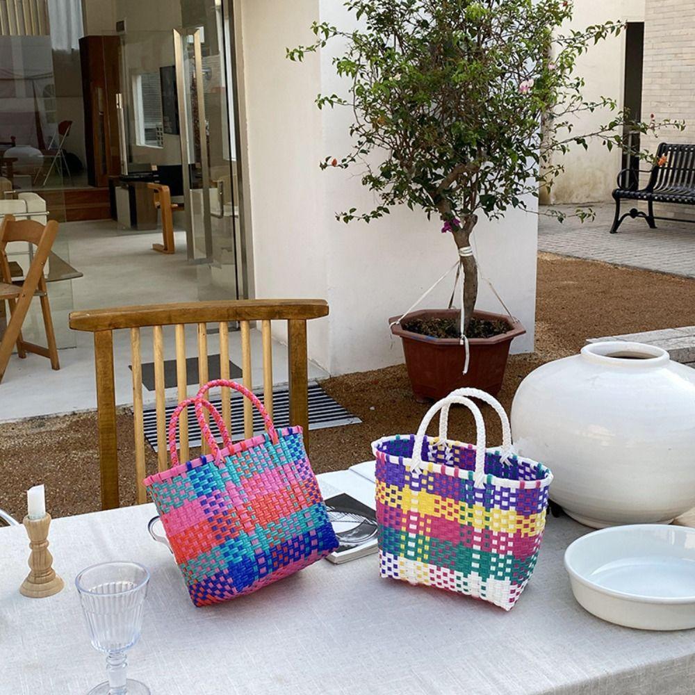 Bohemian Style PVC Vegetable Basket Bag Vacation Style Plastic Handbag Beach Bag Bucket Bag