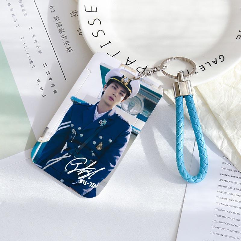 BTS Sliding Photocard Holder, Protective ID Badge Card Case with Braided Keychain Strap, Student Campus Bus Meal Card Protector Merch for ARMY