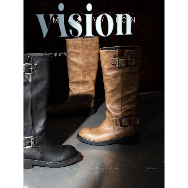 Rindsleder~ Echtes Leder dicksohlige Ritterstiefel Damen Gürtelschnalle Stiefel Herbst und Winter Retro lange Stiefel weiter Schaft dünne hohe Stiefel