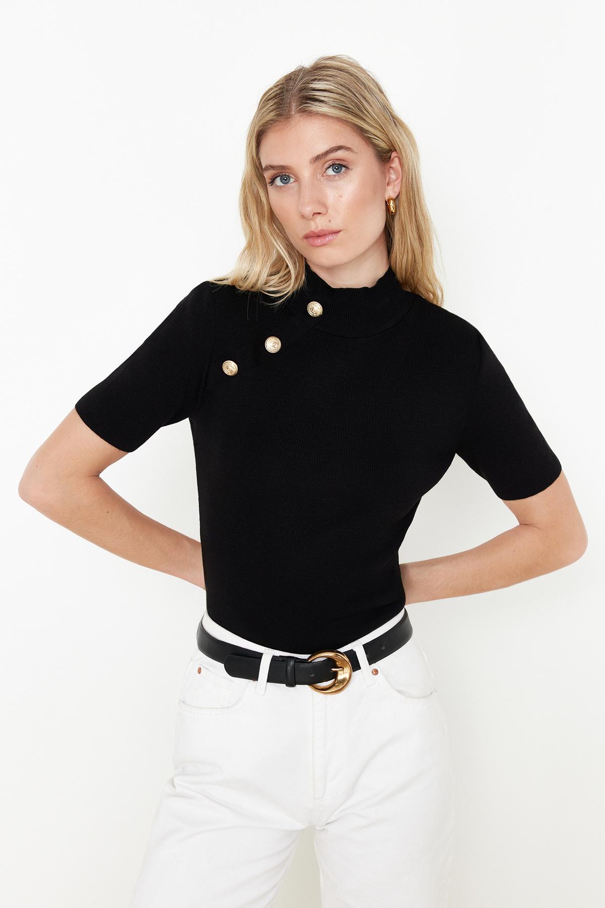 

Women s Fashion New Sweater Black Stand Collar Button Detailed Knitwear T-Shirt Look Sweater