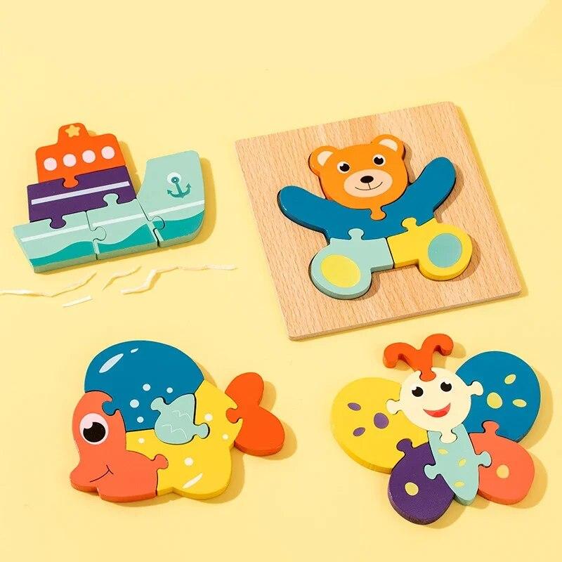 4 Stück Kinder 3D Holz Tier Puzzle Kindergarten Früherziehung Entwicklung Stereoskopische Kleinkindspielzeuge für 2-3 Jahre altes Baby