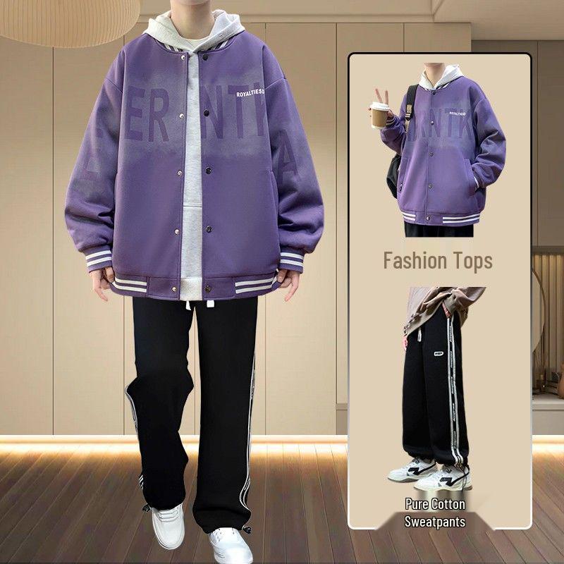 Men's Spring/Fall American Baseball Jacket: Trendy Hong Kong Style for Teens with Round Neck and Stylish Print