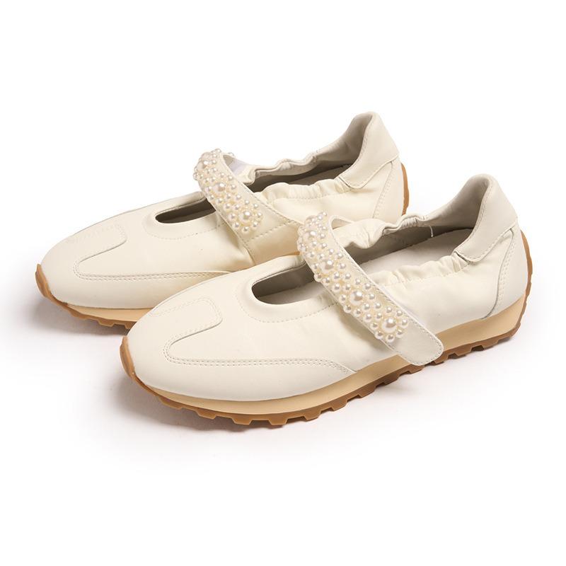 Leather platform white shoes female word with pearl Velcro ballet sports style casual Mary Jane female