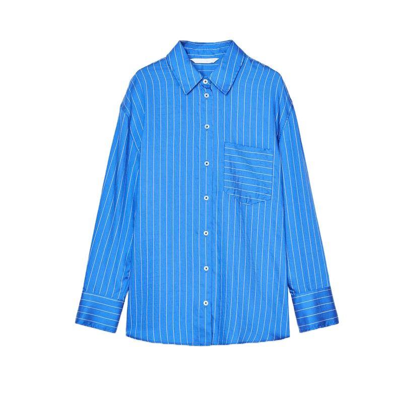 Lyocell Blended Stripes Lapel Long Sleeve Shirt 7563049 Stripes Mid-Waist Straight Pants 7563050