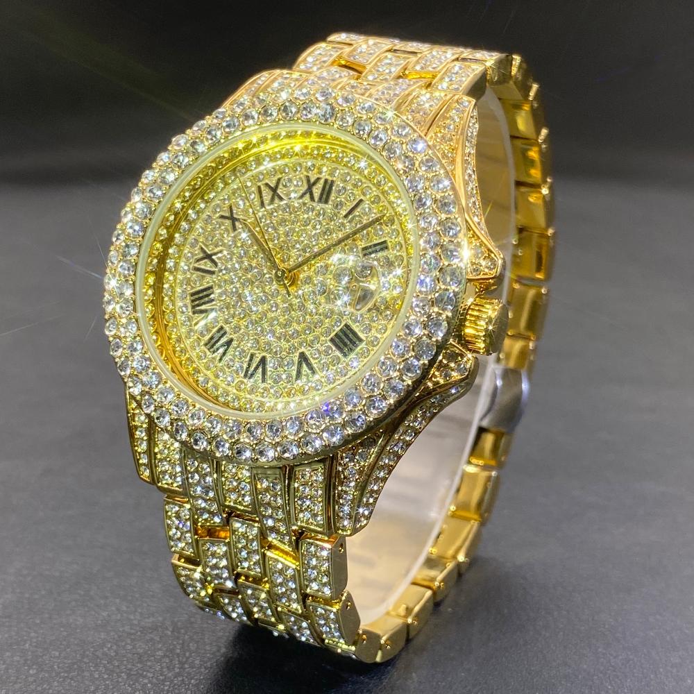 MISSFOX Luxury Iced Diamond Watch Men Automatic Date Fashion Waterproof Quartz Clocks Hip Hop Gold Jewelry Wristwatch Reloj