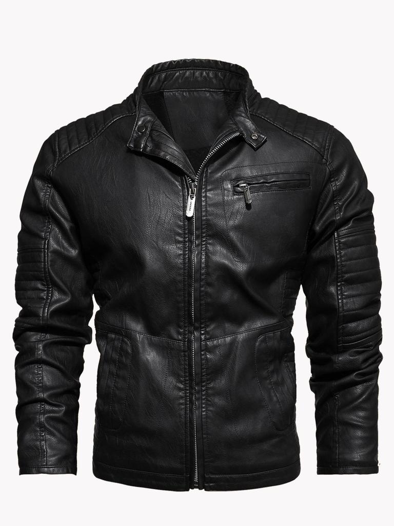 Jachetă de motociclist pentru bărbați, de iarnă, din piele PU, cu guler înalt, croială slim fit - Stil European & American