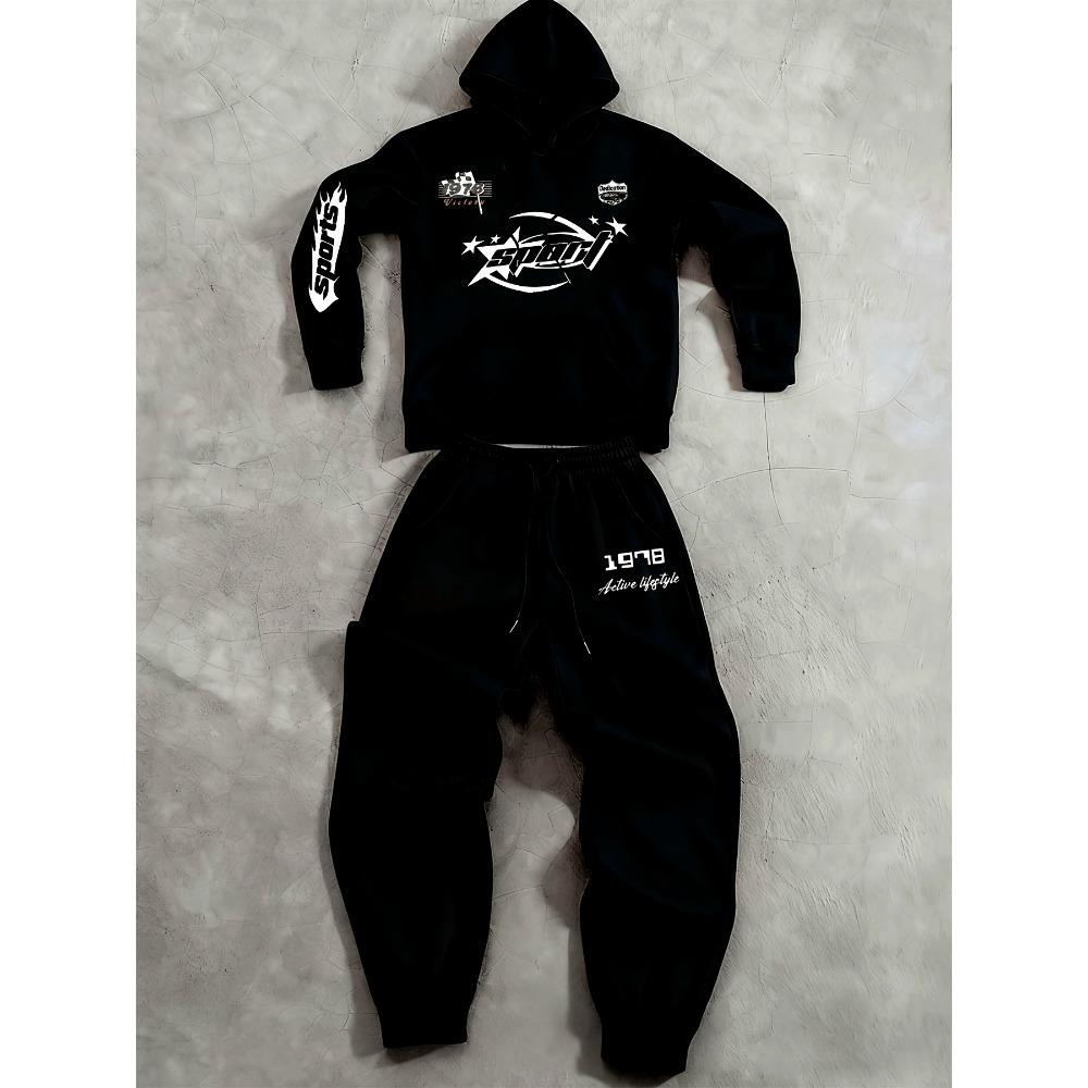 

Men s Casual 2 Piece Printed Drawstring Hoodie with Pockets and Drawstring Running Pants, Cool and Stylish Set S чёрный