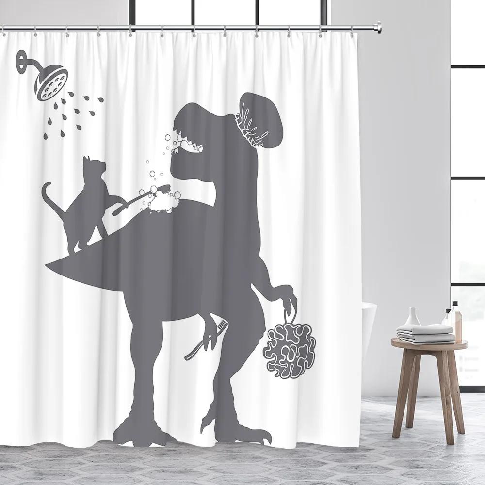 Funny Animal Shower Curtain, Black and White Wildlife Elephant Dinosaur Shower Cartoon Cat Polyester Fabric Bathroom Decor Set