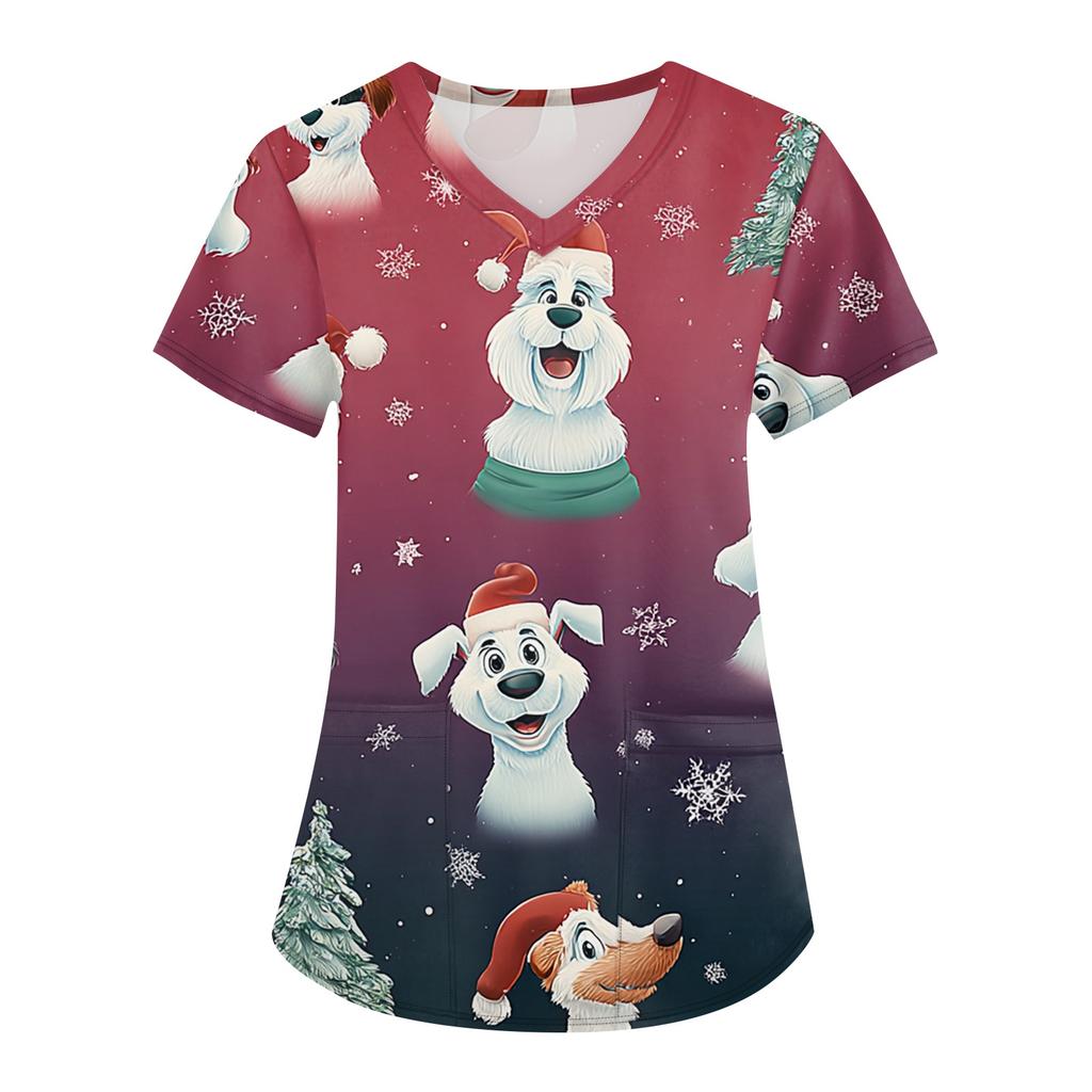 Dámské módní pracovní oděvy s krátkým rukávem a výstřihem do V s kapsami Vánoční topy s potiskem