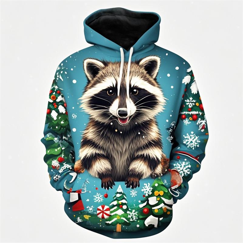 Cute Raccoon Graphic Sweatshirts Harajuku Fashion Christmas Hoodies For Men Female Clothes Tracksuit Boys Pullovers Kids Tops