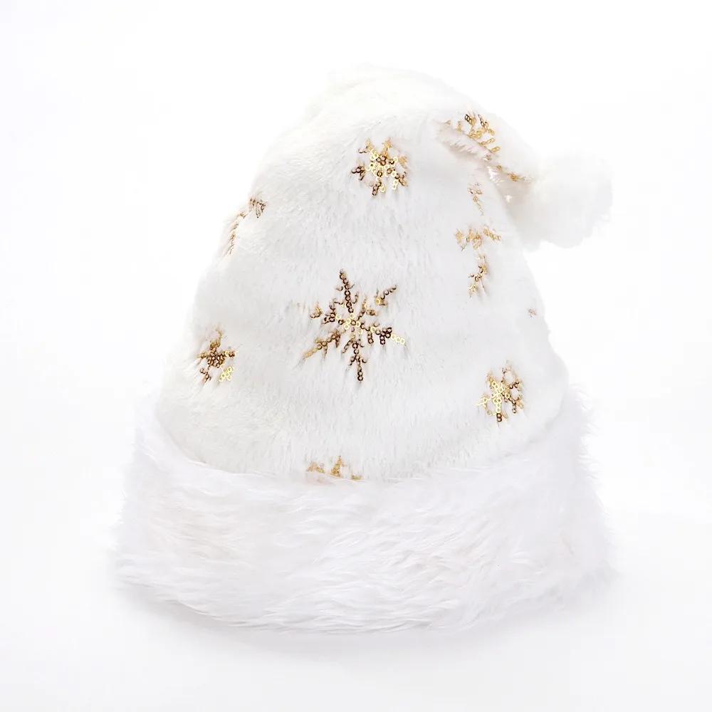 White Plush Santa Hat with Gold and Silver Beads Snowflake Embroidery Adult Santa Hat Holiday Home Decorations
