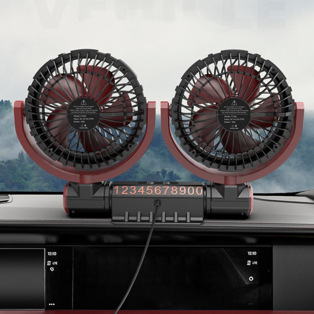 USB Car Fan with Double Head 3 Speed Strong Wind Car Cooling Fan Car Interior Air Circulation Fan 360 Degree Rotates