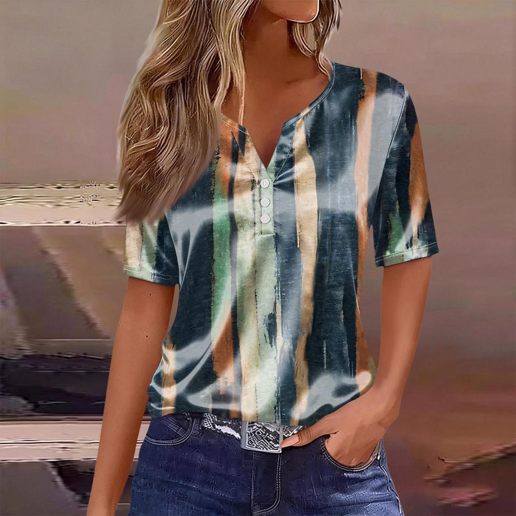 Women's Fashion Casual Retro Print  Collar Short Sleeve Button T-Shirt Top