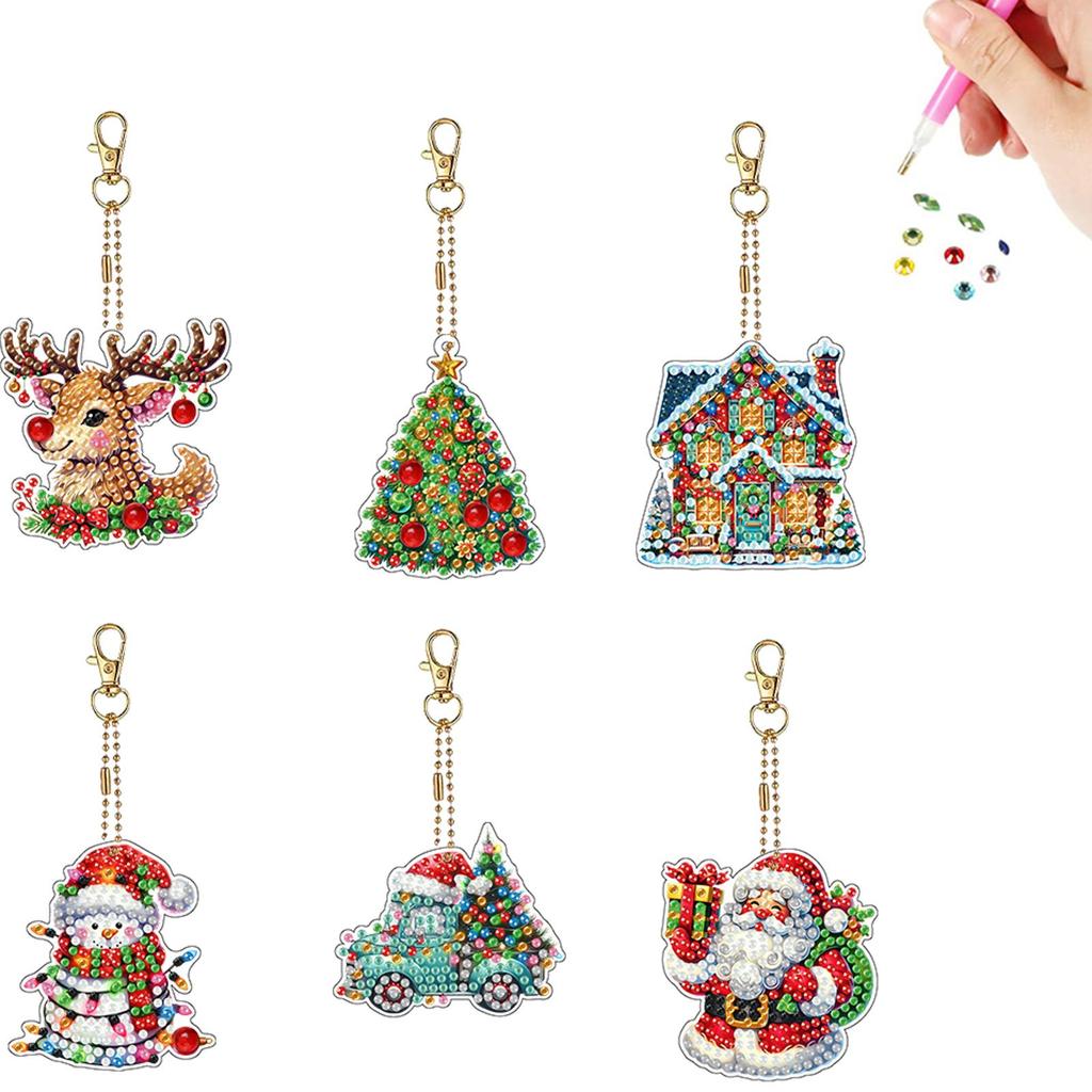 6pcs 2D Flat DIY Diamond Painting Keychain Diamond Art Kits Diamond Art Keychains Small Crystal Painting Keyrings for Home Decor