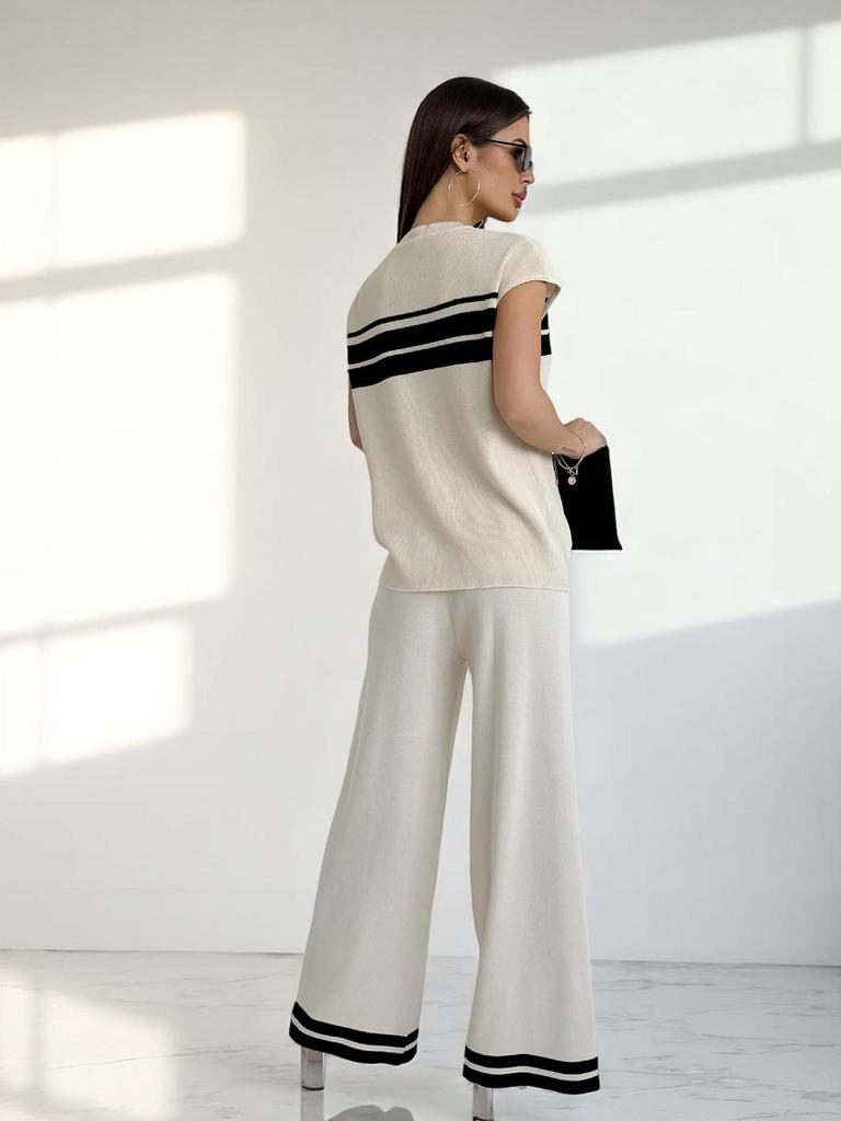 Trendy Summer Women's Set: Short Sleeve Top & High Waist Wide-Leg Pants